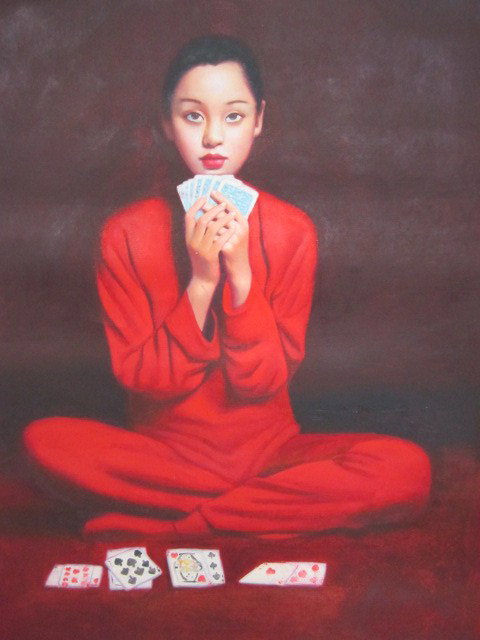 Oil painting signed Xidong Wang: "Chinese Lady in Red Playing Cards", on unstretched canvas. Approx. 36" x 24". Please read our terms of sale.