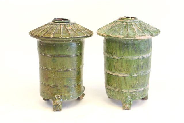 Pair green pottery rice containers: Attributed to Han Dynasty, some chips. Approx. 12" x 9". Please read our terms of sale.