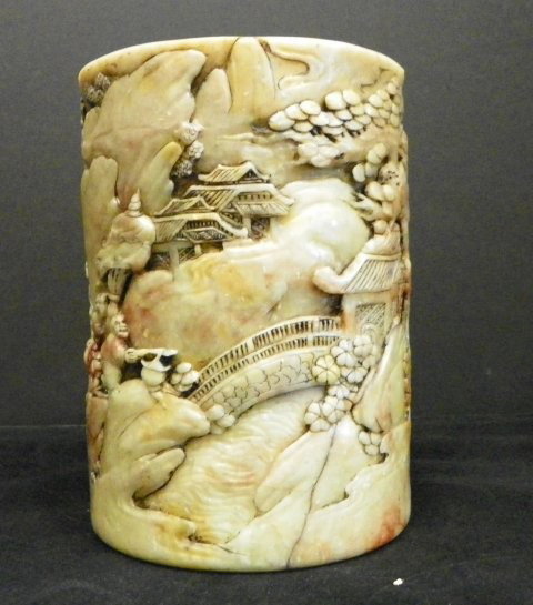 Carved soapstone brush pot depicting "Village": Approx. 5" H x 3.75" D. Please read our terms of sale.