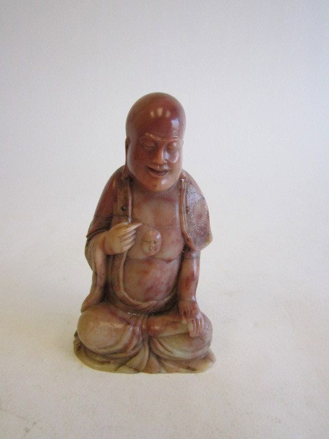 Soapstone Louhan: Approx. 5.25" H. Stone cracked. Please read our terms of sale.