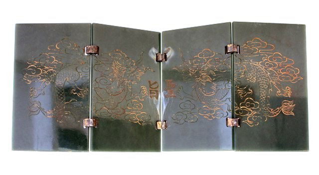 Unusual Jasper jade edict (4 paneled table screen: "Dragon" & "Calligraphy" design, the first year of Yong Zheng, dated Aug 13th. Each panel approx. 3" x 5". Please read our terms of sale.
