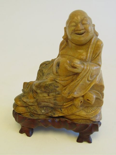 Soapstone carving "Jolly Buddha": Mounted on teakwood base, great quality, base screwed into sculpture. Approx. 6.5" x 3.25" x 5" across with base. 40 year collection from Douglaston, NY. Please read our terms of sale.