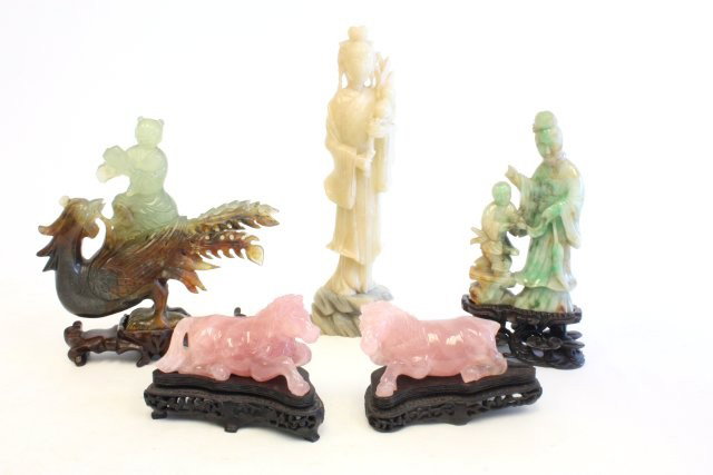 Group lot of carved Chinese stone: Including: Pair rose quartz horses, soapstone carving of Guan Yin, jade carving of "Guan Yin & Child", stone carving "Boy Riding a Rooster", 5 pieces, horses have some losses, jade grouping head is re
