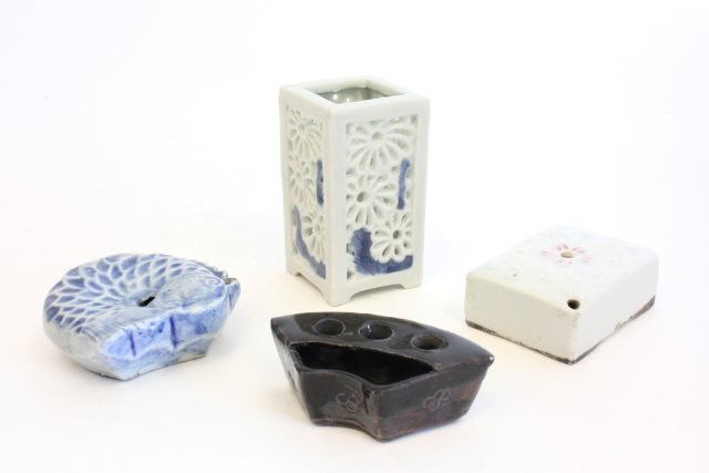Group lot of 4 assorted Asian smalls: 1-Blue & white water dropper shaped like a "Fish", approx. 3.25" Diam. 1- Blue & white porcelain brush holder, "Flower" design, approx. 3.75" H x 2". 1- Korean copper red porcelain water dropper,19th