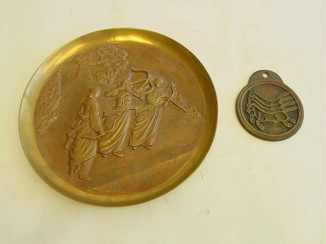 Lot of 2 Korean bronze items: 1- Korean bronze "Pony Express" medallion, calligraphy on one side, horses on other, approx. 4.25" x 3.5". 1- Korean bronze plate with etchings of "Women Doing Archery", approx. 9.75" Diam.