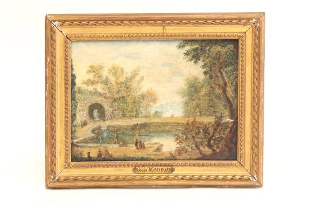 Versailles oil painting signed Louis Moreau: Versailles Landscape with Figures, oil on board, 8" x 10 1/2", signed Louis Moreau, framed 10 1/3" x 13" G. Masson label verso Please read our terms of sale.