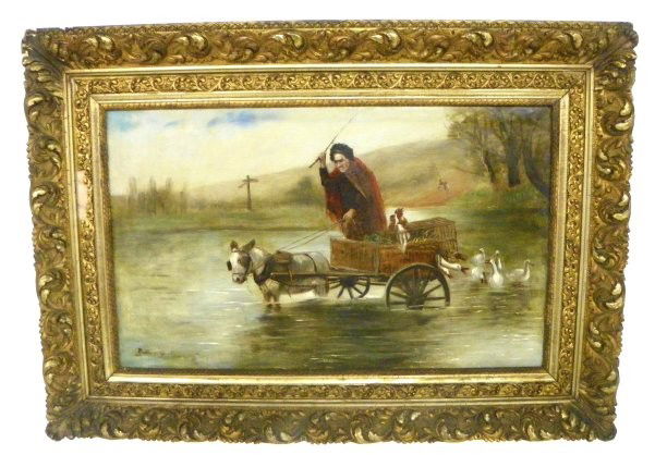 19thc European Landscape, Wagon oil painting: 19thc European Folky Scene depicting an Old Woman in a Donkey Cart with Chickens Crossing a Stream, oil on canvas, 22" x 36", indistinctly signed, relined, repairs verso,framed 35" x 50" Please read o