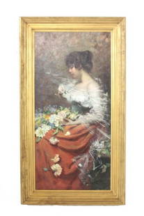 Fabian De La Rosa oil painting: Fabian De La Rosa (1868-1937 Spain) Portrait of a Beauty Seated with Roses, oil on canvas, 58 1/2" x 28 1/2", signed F. La Rosa lower right, gilt frame 69" x 39". 5-10% in painting, 4 patches verso. S