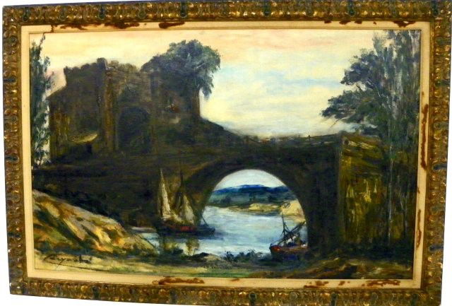 Oil painting "European Castle Bridge River Scene": On canvas, signed. Please read our terms of sale.