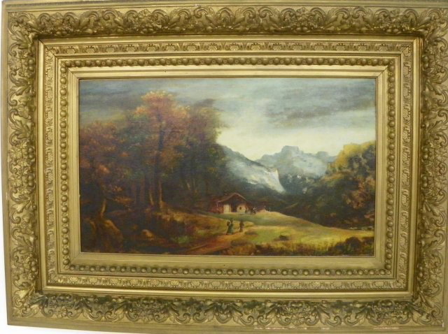 19thc Mountain Landscape with House oil painting