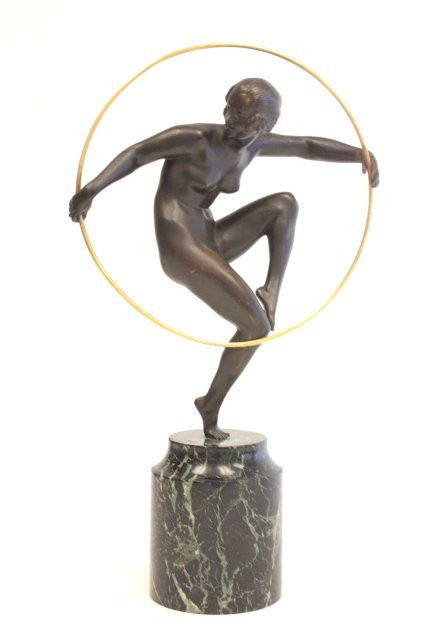 Antoine Bouraine Art Deco Nude with Hoop bronze: Antoine Bouraine (20thc France) Art Deco Female Nude with Hoop bronze sculpture, 13 1/2" x 10" bronze alone, on marble base 18 3/4" high, signed on marble Please read our terms of sale.