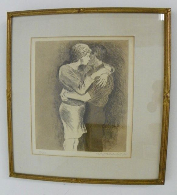 Raphael Soyer "Embrace" etching/aquatint: Raphael Soyer (1899-1987 New York) "Embrace" etching with aquatint, 15" x 12", pencil signed lower right, numbered 56/250, matted and framed 22" x 19", certificate of authenticity verso Please read ou