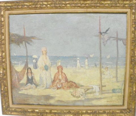 Stephen Haweis Beach Scene oil painting: Stephen Haweis (1878-1969 New York, NY) Beach Scene with Figures, oil on canvas, relined, signed Haweis lower right, 25" x 31", framed 33" x 39" Please read our terms of sale.