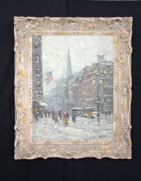 Guy Carleton Wiggins Fifth Avenue oil painting: Guy Carleton Wiggins, N.A. (1883-1962 NY/Conn) "Fifth Avenue Storm", oil on canvas, 17" x 13 1/2", signed Guy Wiggins NA lower right, signed and titled verso, 23" x 18 1/2", framed, private collection