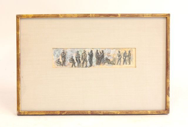 Maurice Golubov Modern watercolor painting: Maurice Golubov (1905-1987 New Yokr/Ma) "Frieze" Modern Figures, watercolor, 2" x 8", signed lower right, matted and framed 10" x 15", Gallery Mayer Baltimore Museum Exhibition label verso, provenance