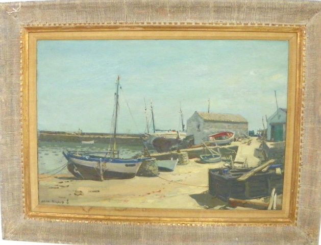 Jean Rigaud Harbor Scene oil painting: Jean Rigaud (1912-France) "Port Joinville" oil on canvas, 20" x 29", signed lower left, signed, titled, dated 1958 verso, framed 28" x 37", Provenance: Long Island Estate Please read our terms of sale