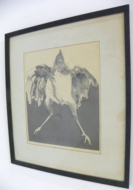 Leonard Baskin etching: Leonard Baskin (1922-New Jersey) Chicken, etching, 18 1/2" x 14 1/2" sight size, pencil signed, numbered 70/200, framed 28 1/2" x 24 1/2" Please read our terms of sale.