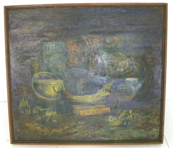 Lev Meshberg Russian/Amer Still Life oil painting: Lev Meshberg (1933-2007 NY/Russian Federation) Still Life with Viking Ship Models, oil on canvas, 38" x 34", framed 40" x 36" Please read our terms of sale.