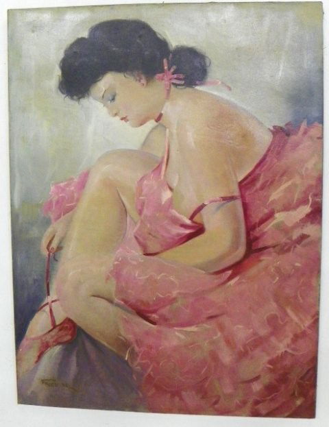 Pal Fried Ballerina oil painting: Pal Fried (1893-1976 Hungary) Portrait of a Ballerina Tying her Slipper, oil on canvas, 32" x 24", signed lower left, unframed Please read our terms of sale.