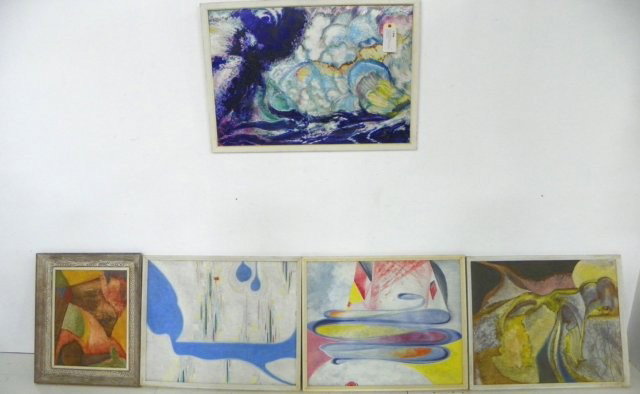 Carl Nelson Five Abstract paintings: Carl Gustaf Simon Nelson (1898-1988 Mass/Me/Sweden) Five Abstract paintings, oil on board, from 16" x 20" to 25" x 36", unsigned, framed Please read our terms of sale.