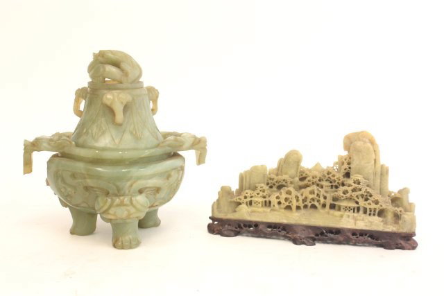 Group lot of Chinese soapstone & soft jade: 1- Soapstone "Landscape" sculpture, approx. 4.75" H x 8" W. 1- Soft jade 3 piece censer, missing handles, approx. 7.5" H. Please read our terms of sale.