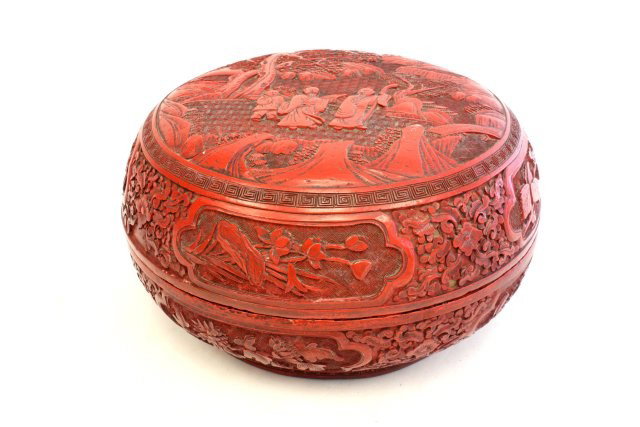 Antique cinnabar covered bowl: Approx. 11" Diam x 5.25" H. Please read our terms of sale.