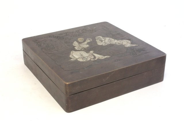 Chinese bronze box: With "Men Playing Game" etched on lid. Approx. 7.25" square. Please read our terms of sale.