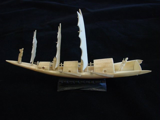 Ivory carving of "Boat & Sailors": Approx. 5" H x 8.5" L. Please read our terms of sale.
