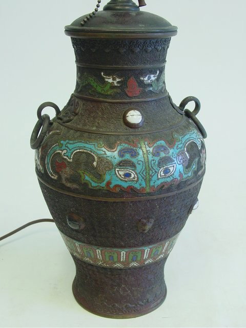 Champleve urn with embedded stones: Mounted as a lamp. Vase approx. 12" H. Please read our terms of sale.