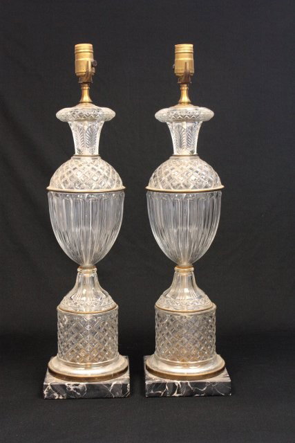 Mid 20th c. pair crystal & ormolu table lamps: Marble base. Approx. 40" to top x 6" W. Please read our terms of sale.