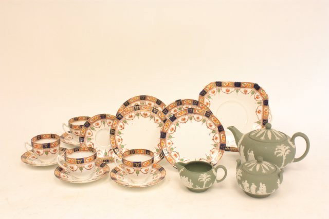 Wedgwood green Jasperware tea set: And English cups & saucers. Please read our terms of sale.