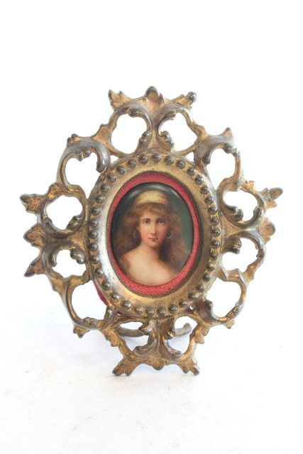 KPM porcelain portrait plaque signed Wagner: Metal frame. Plaque approx. 1.75" x 1.5", frame 5" x 4". From a Greenwich, CT estate. Please read our terms of sale.