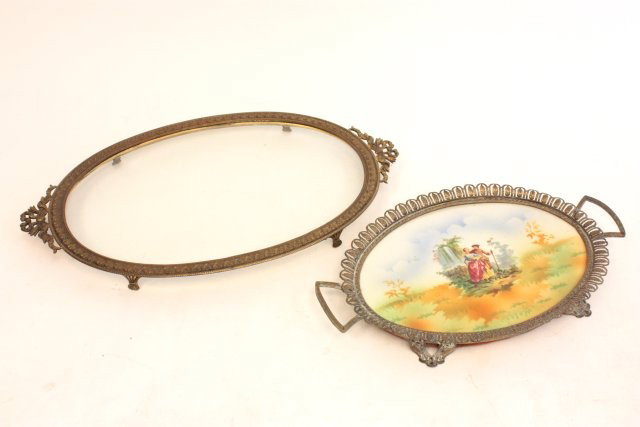 Group lot of assorted smalls: 1- Bronze & crystal "Cherub" compote, marble base as is, approx. 5.5" x 4". 2- Bronze oval dresser trays, 1 with hand painted plaque, approx. 12" x 1" & 15.25" x 9.75" glass tops. Please read our term