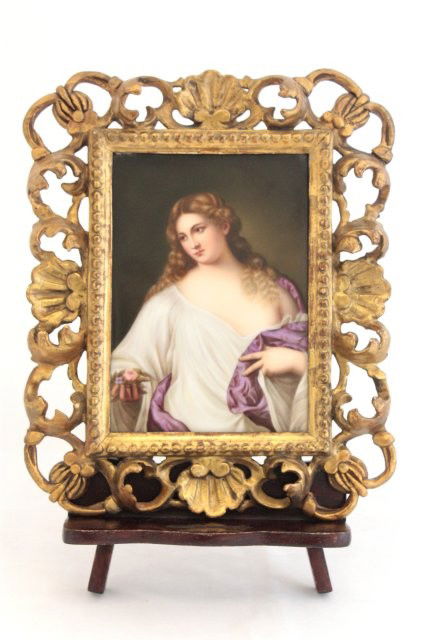 19th c. KPM porcelain plaque signed A. Buck: Beautiful portrait in top quality, nice giltwood frame, KPM with sceptre mark, no flaws, excellent condition, ca. 1900. Plaque is approx. 5" x 7", frame is 9" x 11". Please read our terms of sale.
