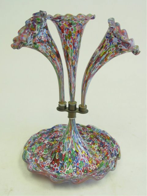 Italian millefiori epergne with mark 1860: Approx. 13" x 9.5". Please read our terms of sale.