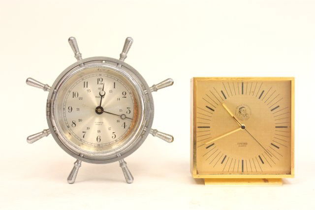 Concord quartz desk clock& Salem ship wheel clock: 1- Concord clock has no back , Friar's Club on dial, approx. 4.75" H x 2" D. 1- Salem ship wheel metal wall clock, 13 jewels, electric, approx. 7" Diam x 2.5" D. Please read our terms of sale.