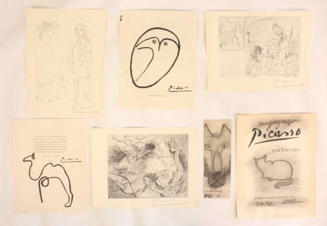 5 signed Picasso lithographs & 1 drawing: 3 of the lithographs are pencil signed, approx. 8" x 11" & 8" x 10". 1 pencil signed drawing of a "Wolf" attributed to Lucian Freud, dated May 1949, approx. 8.25" x 2.75". Please read our terms of sal