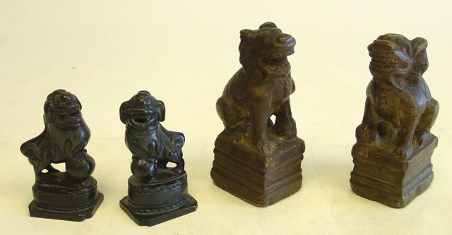 2 pair "Foo Dogs": 1- Pair early Chinese soapstone "Foo Dogs" 17/18th c. 1- Pair 17th c. Chinese black ?stone "Foo Dogs" & tiger seal. From a Greenwich, CT estate. Please read our terms of sale.