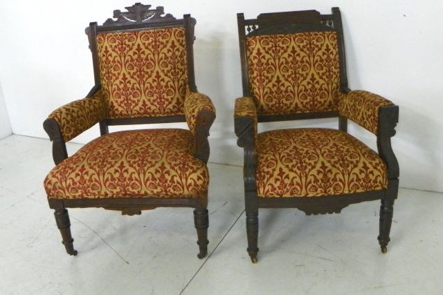 2 Victorian arm chairs: With red & gold upholstery. Please read our terms of sale.