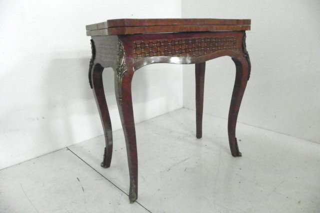 French style marquetry flip top game table: With ormolu. Please read our terms of sale.