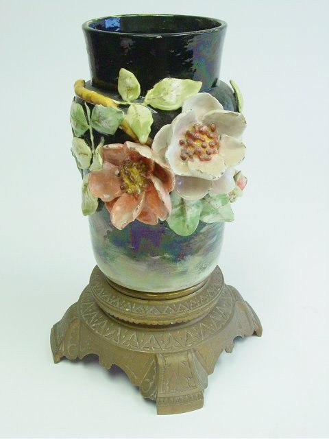 Ormolu mounted Majolica vase: Approx. 13" H. Please read our terms of sale.