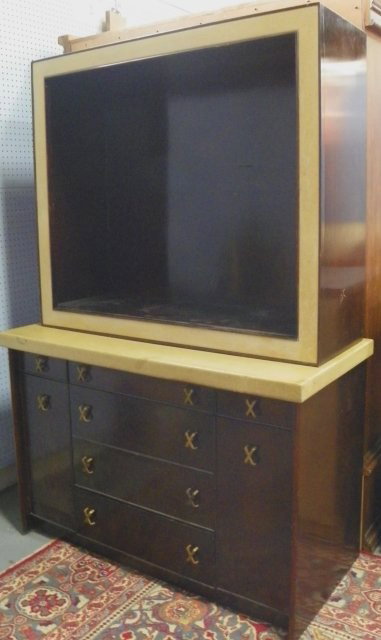 Cork & mahogany chest of drawers by Paul Frankl: With display cabinet above with 1 glass shelf, needs refinishing. Please read our terms of sale.