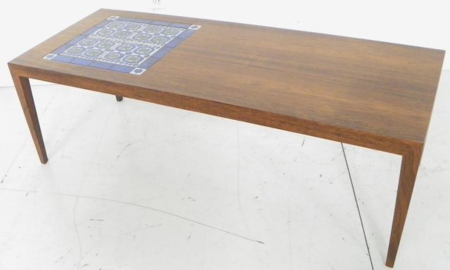 Mid 20th c. Scandinavian wood table with tiles: Approx. 16" H x 20" D x 50" L. Please read our terms of sale.