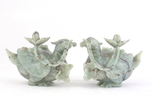 Pair jade carved "Bird with Flowers": Approx. 4.5" x 5.25". From a Ft. Lee estate. Please read our terms of sale.