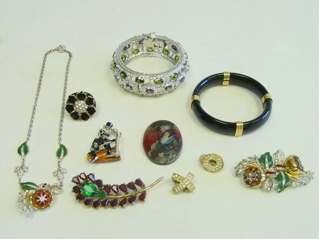 Costume jewelry lot: Coro duette & necklace, rhinestone bangle, sterling pin in black boy form. Please read our terms of sale.