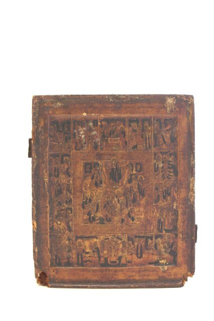 17/18th c Eastern European icon: Painted. Worm eaten wood. Approx. 12" x 10". Please read our terms of sale.