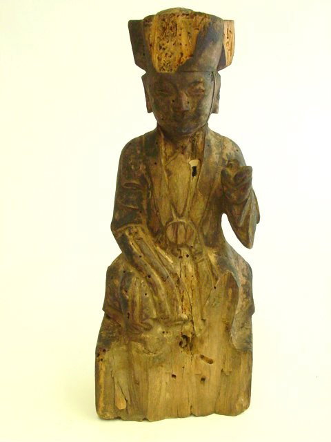 17/18th c. Guan Yin wood carving: Worm damage, chip on crown & feet. Approx. 11" H. Please read our terms of sale.