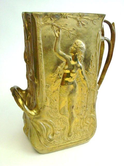 19th c. bronze Art Nouveau vase signed J. Garnier: Jean Garnier, Depicting "Goddess in Woods" on both sides, signed on both sides, leaf design handles. Approx. 13" H Please read our terms of sale.