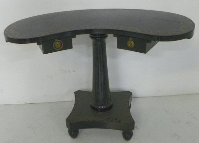 Paint decorated kidney shaped table: Porcelain handles & slides. Deep scratches on top. Approx. 31" x 22" x 28.5" H. Please read our terms of sale.