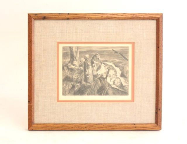 J. E. Costigan etching: Jonathan Edward Costigan, N.A. (1888-1972 Orangeburg, NY) "Ice Along the Brook" etching approx. 6" x 7 7/8", titled & signed in pencil, framed approx. 14" x 15.5". Please read our terms of sale.